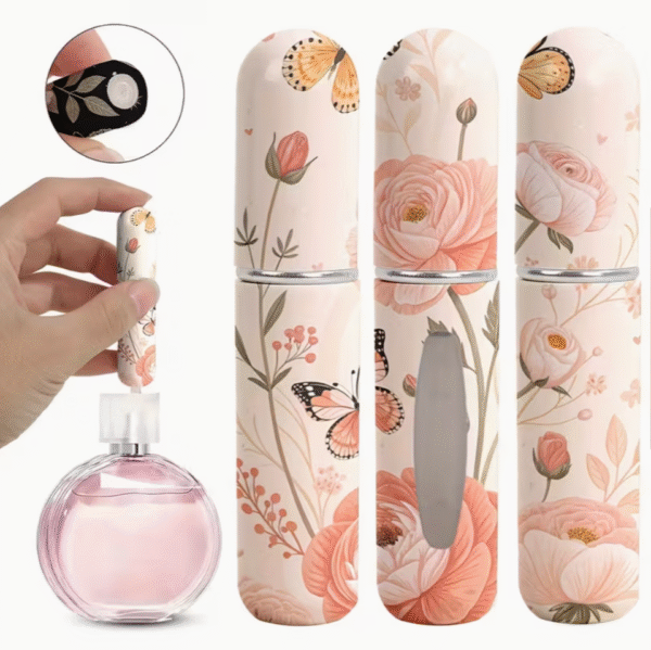 3 pcs Peach Floral Refillable Perfume Spray Bottles with Travel Cosmetic Case in 5ml