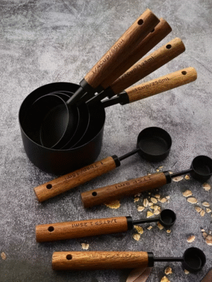 8 pcs Stainless Steel Measuring Spoons and Cups Set with Wooden Handles
